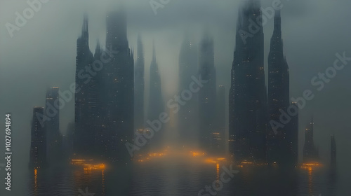 Futuristic Cityscape Illustration - Skyscrapers Emerging from Foggy Water