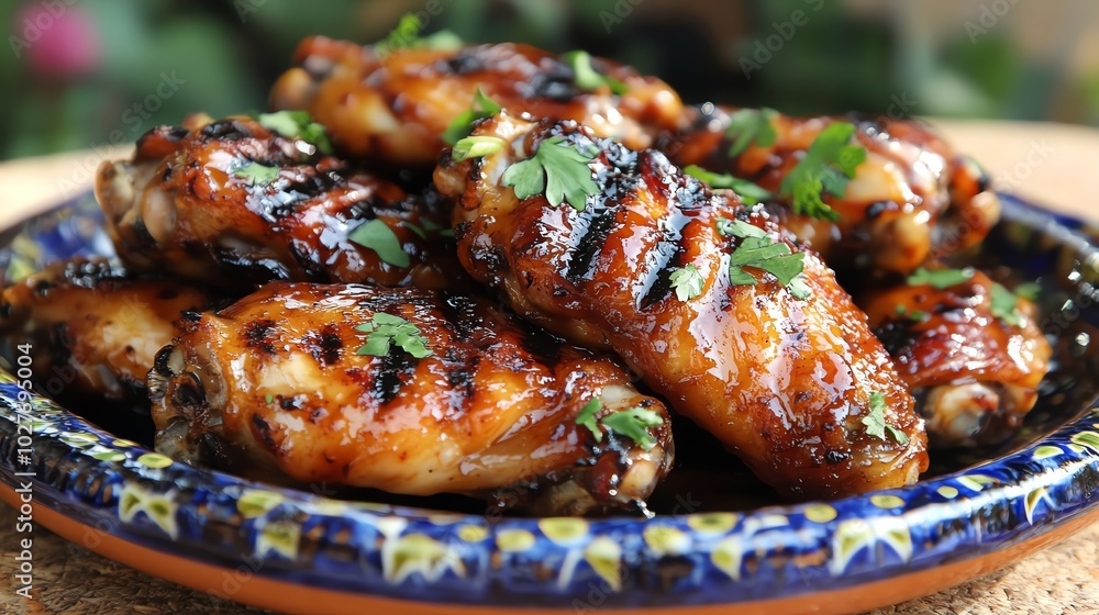 Close up of grilled chicken wings with glaze, garnished with parsley. Close up of grilled chicken wings with glaze, garnished with parsley.
