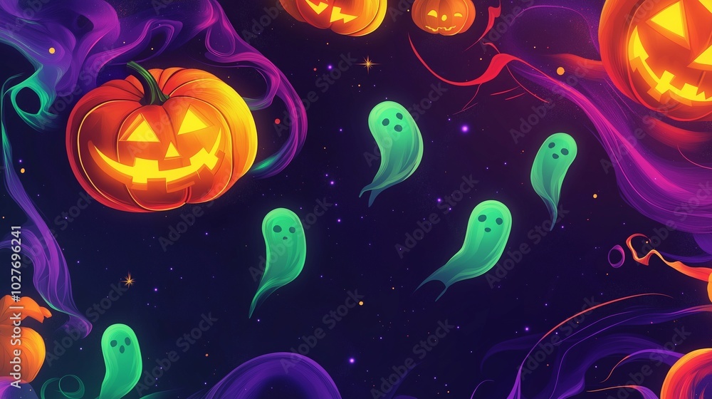 A vibrant abstract Halloween card design featuring glowing orange pumpkins, swirling purple mist, and neon-green ghostly shapes, all floating against a dark, starry background. A vibrant abstract Halloween card design featuring glowing orange pumpkins, swirling purple mist, and neon-green ghostly shapes, all floating against a dark, starry background.