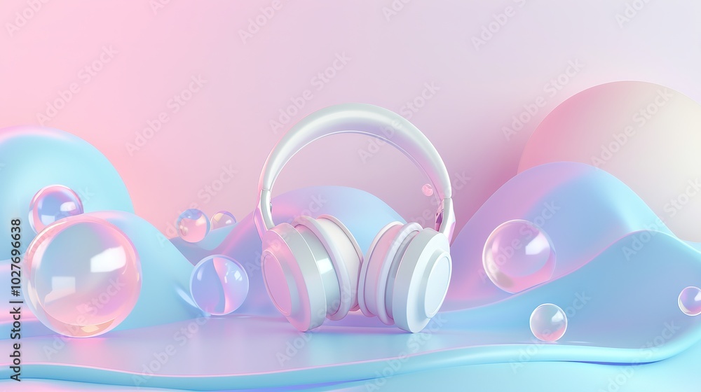 Dreamy 3D abstract background with pastel gradients and flowing curves, featuring sleek wireless headphones in the foreground. Dreamy 3D abstract background with pastel gradients and flowing curves, featuring sleek wireless headphones in the foreground.