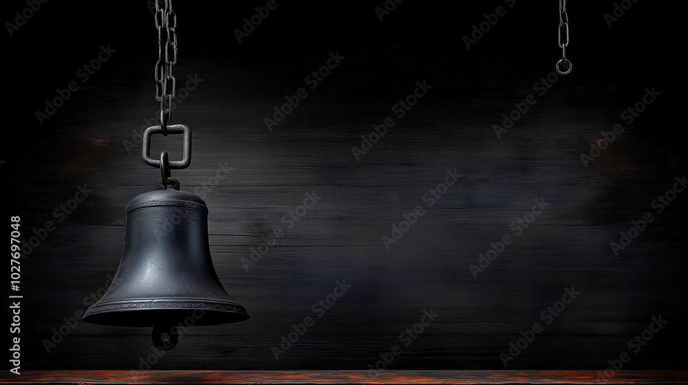 Obraz premium Black bell hanging on chain against dark wooden background.