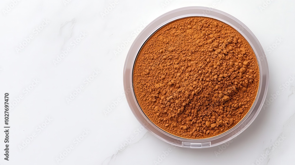 Open compact powder showing smooth texture, stylish marble background for a premium beauty magazine ad Open compact powder showing smooth texture, stylish marble background for a premium beauty magazine ad