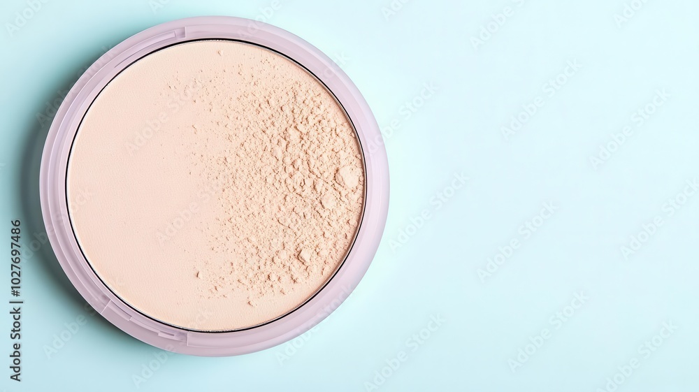 Open compact powder, smooth texture, and pastel background for a chic, minimalist magazine ad Open compact powder, smooth texture, and pastel background for a chic, minimalist magazine ad