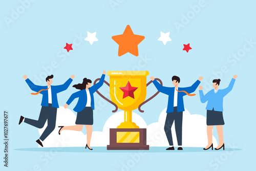 Flat illustration of business people with stars and rewards representing employee engagement and job satisfaction