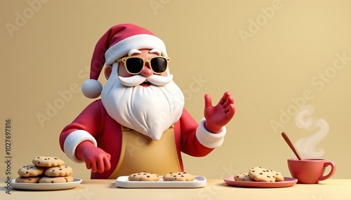 Santa Claus stands behind a kitchen counter, preparing fresh batches of chocolate chip cookies. Plates of freshly baked cookies and a steaming cup of cocoa complete the cozy holiday scene.