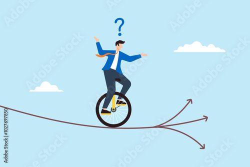 Flat illustration of businessman acrobat with one wheel bicycle chooses direction at crossroad symbolizing career decision-making