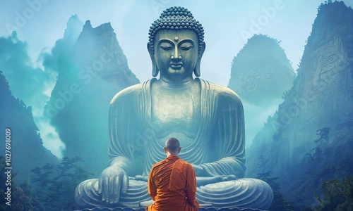 Monk meditates before large Buddha statue in misty mountains.