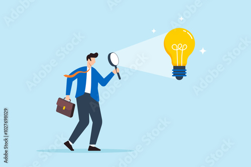Flat illustration of businessman finds new lightbulb symbolizing insight and innovation