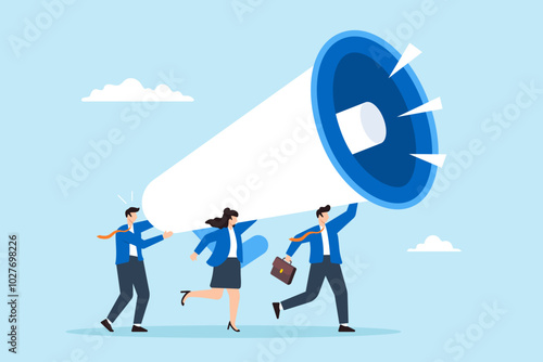 Flat illustration of business people shout on megaphone announcing marketing communications and promotions