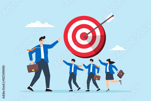 Flat illustration of businessman points arrow at bullseye target leading colleagues towards company goals
