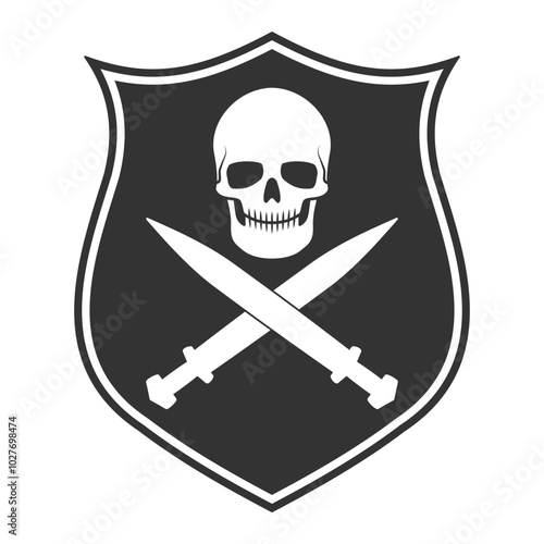 Skull and swords crossed coat of arms. Crest and shield symbol sign. Logo design. Vector illustration image.