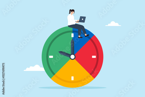 Flat illustration of businesswoman works with laptop on split time clock managing part-time job