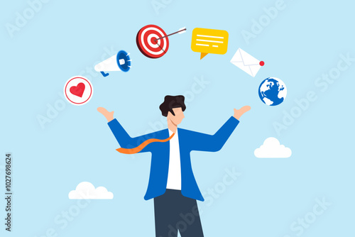 Flat illustration of businessman holds viral marketing elements promoting online advertising campaign