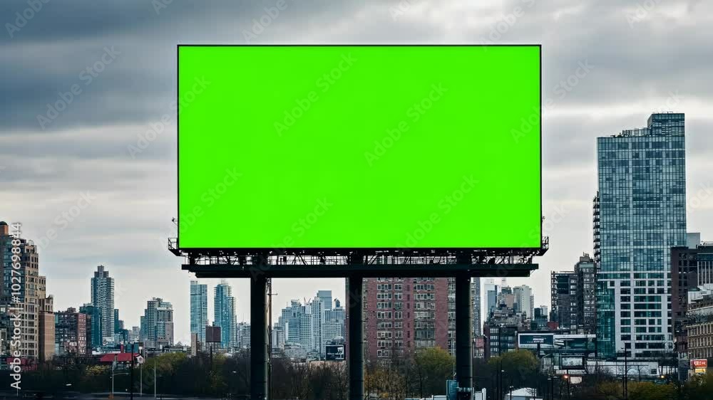 Green screen billboard showcasing urban skyline views in a bustling city during a cloudy day. Green screen billboard showcasing urban skyline views in a bustling city during a cloudy day.