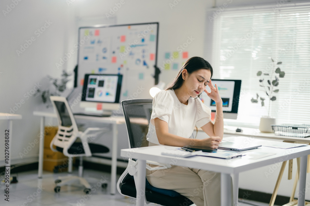 Stressed asian businesswoman suffering from headache while working using laptop computer at office Stressed asian businesswoman suffering from headache while working using laptop computer at office