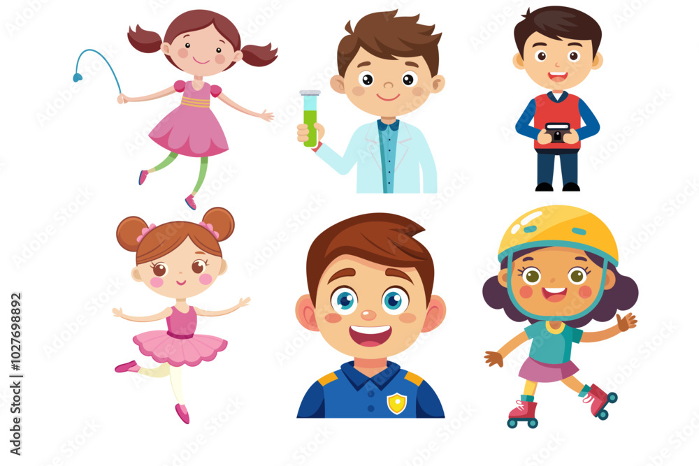 Boys and girls engaged in various activities Vector illustration with grouped image Boys and girls engaged in various activities Vector illustration with grouped image