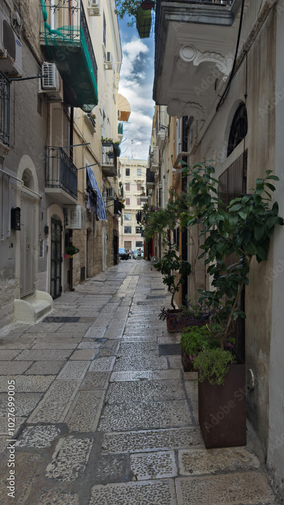 Obraz premium Street in the old town. Narrow street in the old town center. Facade of old buildings. Puglia, Italy.