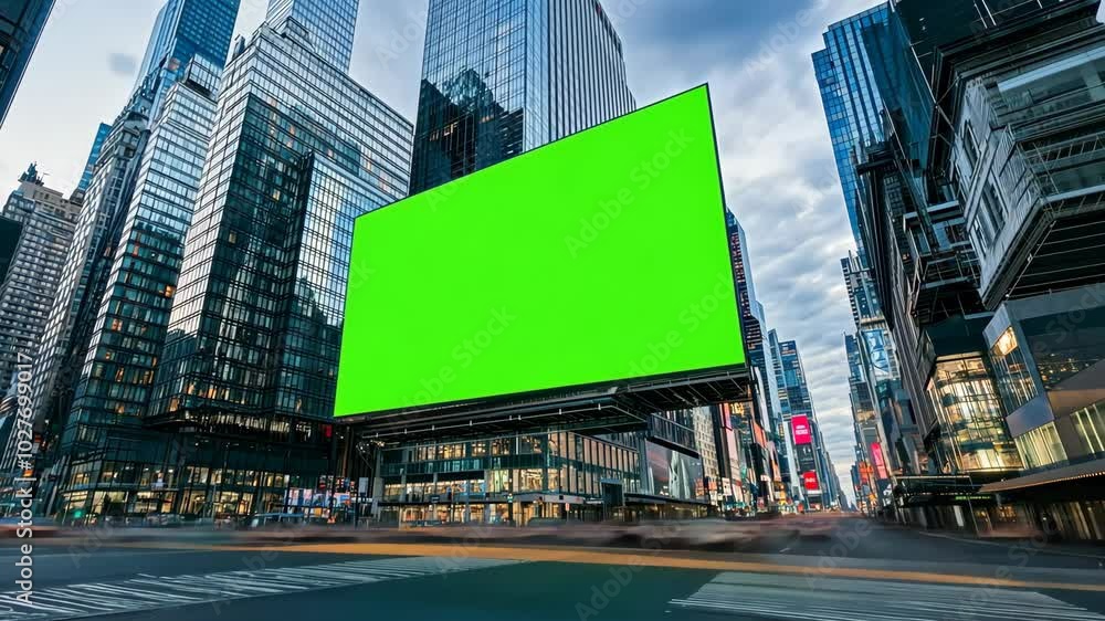 An empty green screen billboard on a busy urban corner during twilight, timelapse.