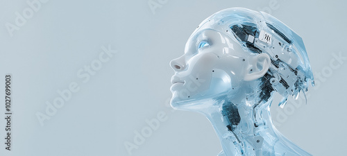 Futuristic and highly detailed portrait of a humanoid female robot with a sleek white exterior and intricate blue wiring inside. The design of the robot emphasizes both beauty and technological