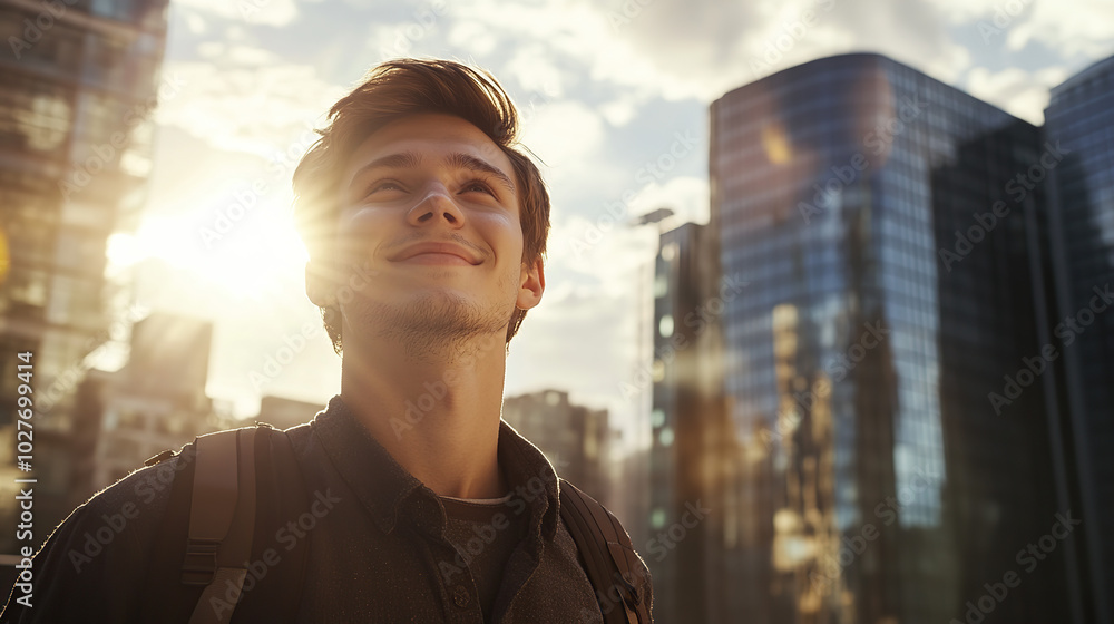 Portrait of a Happy Man Enjoying a Sunset in the Urban Landscape Portrait of a Happy Man Enjoying a Sunset in the Urban Landscape