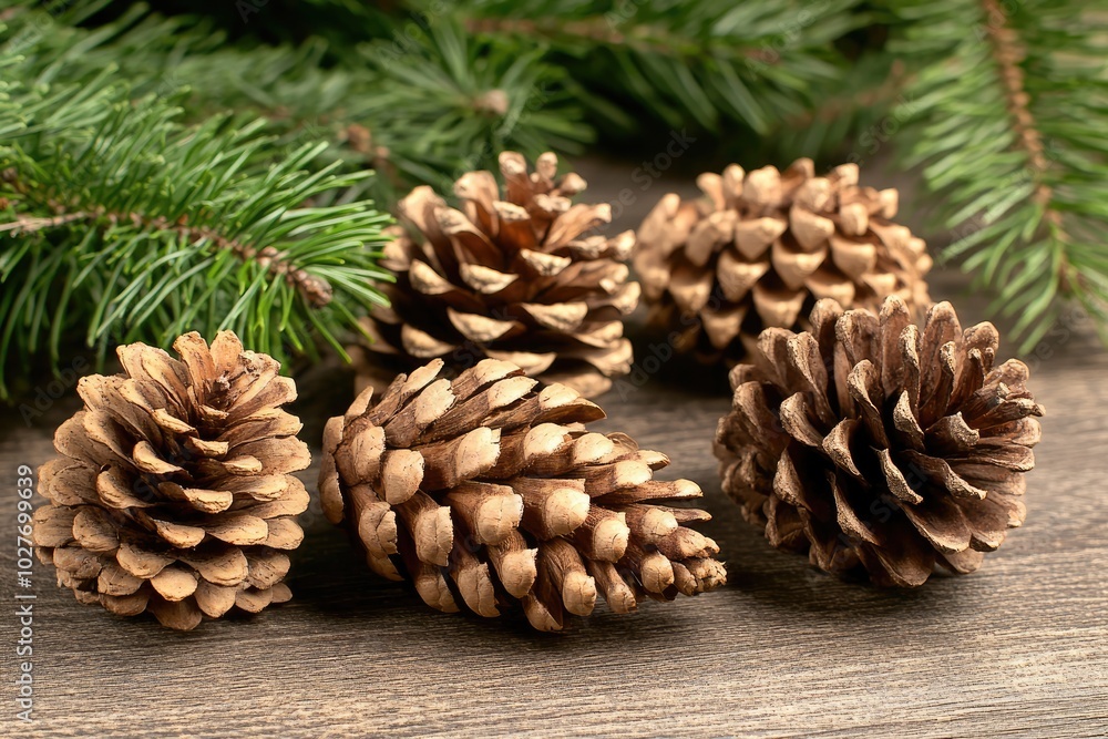 Cozy winter flat lay featuring natural pine cones and evergreen branches set on rustic wooden surface, evoking the warmth of the season Cozy winter flat lay featuring natural pine cones and evergreen branches set on rustic wooden surface, evoking the warmth of the season