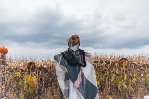 Halloween scarecrow near corn.