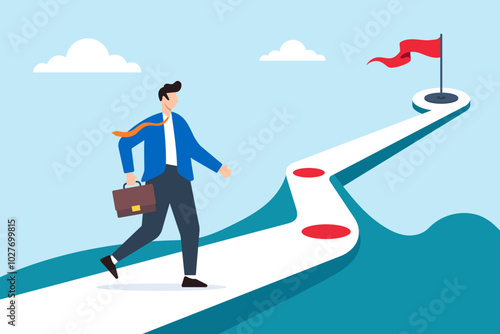 Flat illustration of businessman walks along winning plan journey aiming for career success