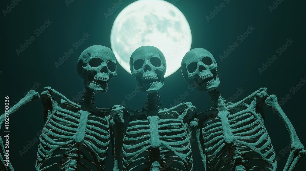 Three skeletons posed together under a full moon, eerie atmosphere, dark background. Three skeletons posed together under a full moon, eerie atmosphere, dark background.