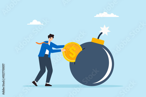 Flat illustration of businessman places dollar coin into ticking debt bomb symbolizing paying off financial obligations