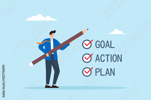 Flat illustration of businessman holds pencil with goal action plan checklist working towards business strategy