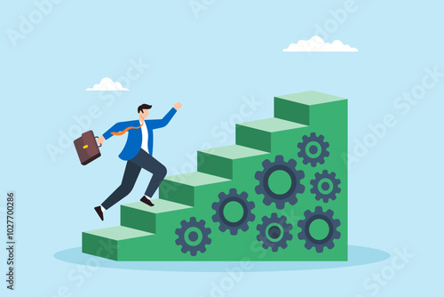 Flat illustration of businessman runs up stairs made of cogwheel gears representing progress through best practices
