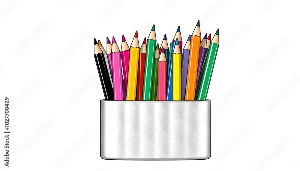 Fototapeta premium Colored pencils and pens in a pencil holder silver isolated from the white or transparent background isolated with white highlights, png
