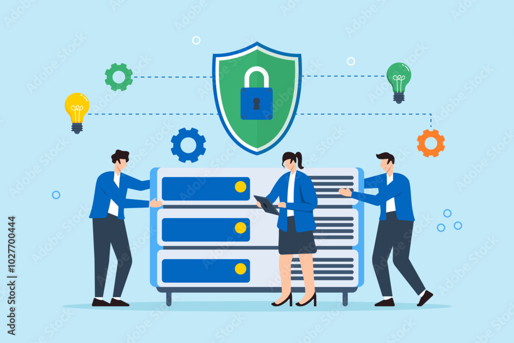 Poster Flat illustration of three people building secure network around ...