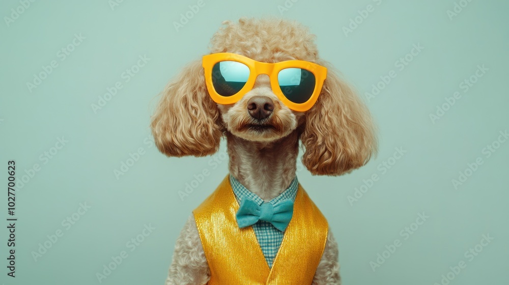 Fototapeta premium This lively poodle dons a bright carnival mask and shades, exuding charm at a festive celebration