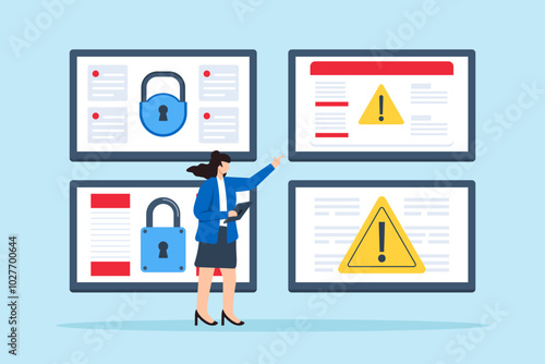 Flat illustration of cybersecurity analyst monitoring multiple screens with encrypted data and threat alerts