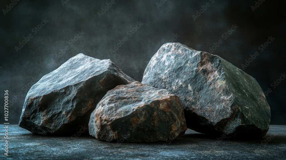 Natural stones with unique textures, arranged on a dark background to create a podium effect. This setup is ideal for presenting products such as medicine, cosmetics, perfumes, or jewelry, emphasizing Natural stones with unique textures, arranged on a dark background to create a podium effect. This setup is ideal for presenting products such as medicine, cosmetics, perfumes, or jewelry, emphasizing