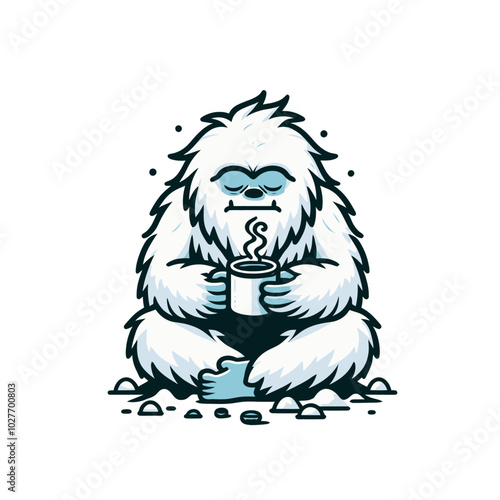Mysterious beast modern style yeti mascot drinking coffee	
