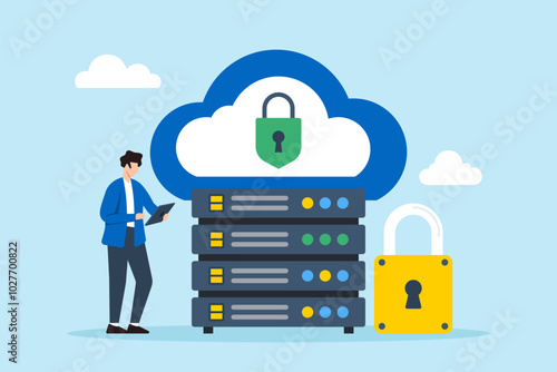 Flat illustration of network administrator securing cloud data storage with encrypted lock symbols