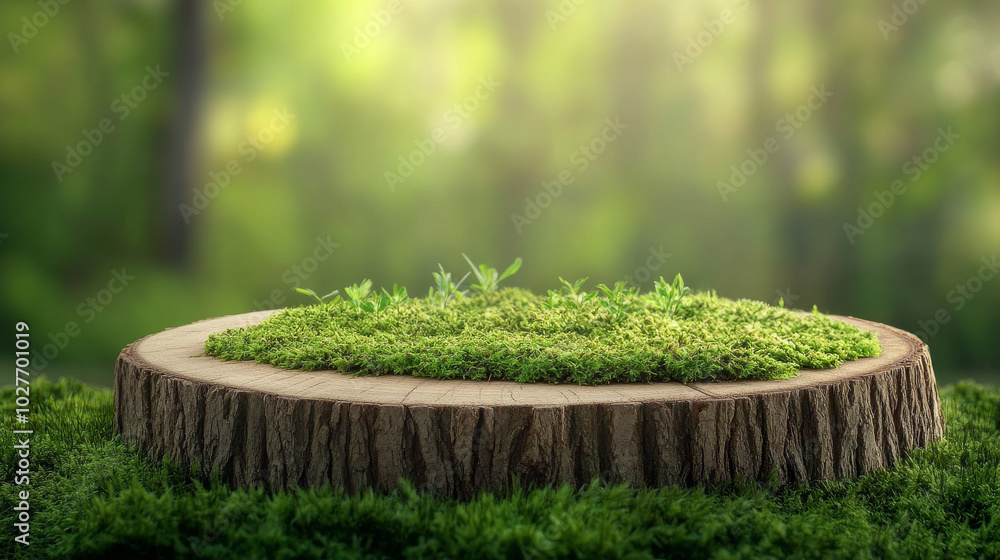 A natural-style wooden saw cut, round podium with green moss, isolated on a white background. This still life setup creates an ideal presentation space for showcasing products, blending rustic element A natural-style wooden saw cut, round podium with green moss, isolated on a white background. This still life setup creates an ideal presentation space for showcasing products, blending rustic element