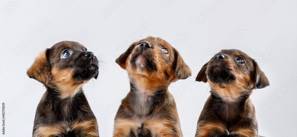 Tre cuccioli di cane guardano in su. sfondo bianco Tre cuccioli di cane guardano in su. sfondo bianco