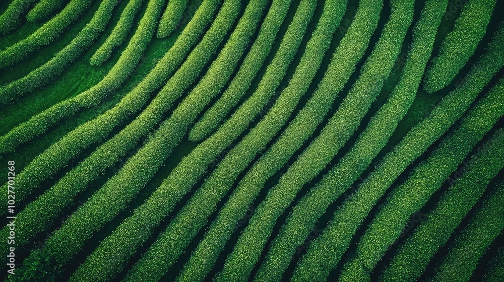 Fototapeta premium Aerial view of a green tea plantation with rows of crops