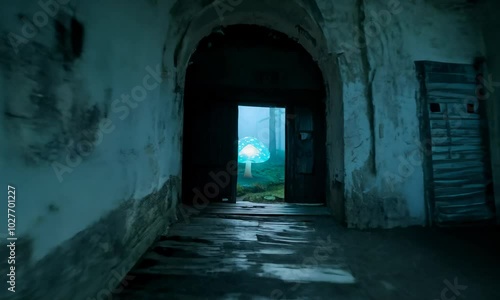 Wallpaper Mural Eerie hallway in abandoned building with glowing otherworldly mushroom. Torontodigital.ca