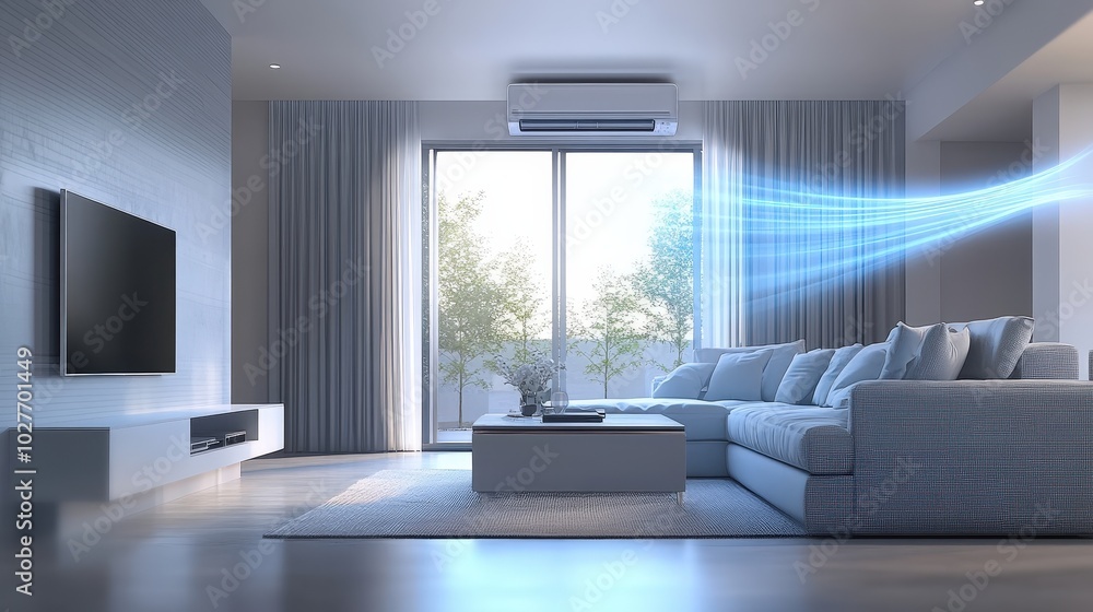 Fototapeta premium Futuristic Minimalistic Graphic Animation Poster of Innovative Air Conditioning System in Modern Living Room