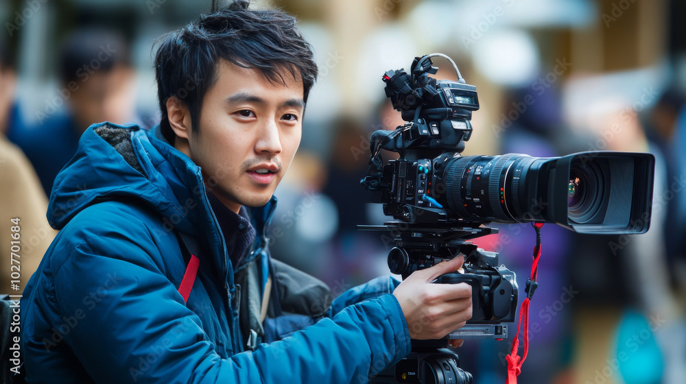 Depict a cameraman actively shooting content with a high-end professional camera. Depict a cameraman actively shooting content with a high-end professional camera.