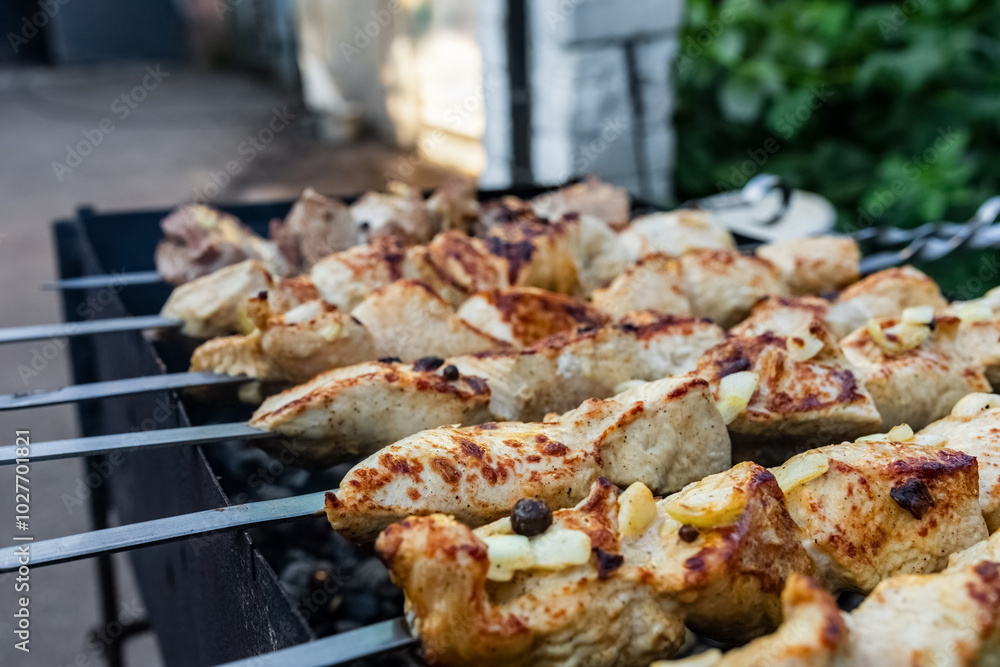 Delicious, juicy meat kebabs grilled to perfection. Delicious, juicy meat kebabs grilled to perfection.
