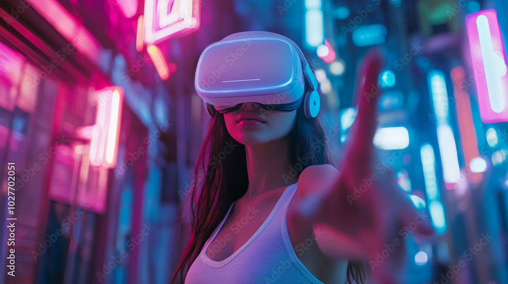 A female figure stands in cyberpunk neon light, wearing a white VR headset and a tank top, immersed in the metaverse. She interacts with virtual objects, her touch connecting her to a futuristic cyber A female figure stands in cyberpunk neon light, wearing a white VR headset and a tank top, immersed in the metaverse. She interacts with virtual objects, her touch connecting her to a futuristic cyber