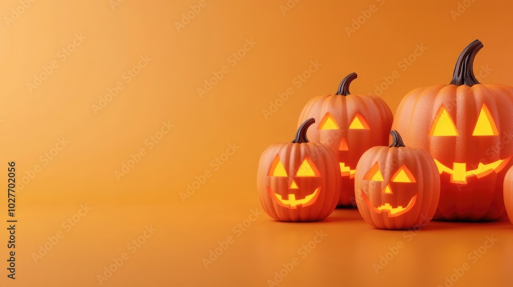 Carved Halloween Pumpkins with Glowing Jack-o'-Lantern Faces on an Orange Background Carved Halloween Pumpkins with Glowing Jack-o'-Lantern Faces on an Orange Background