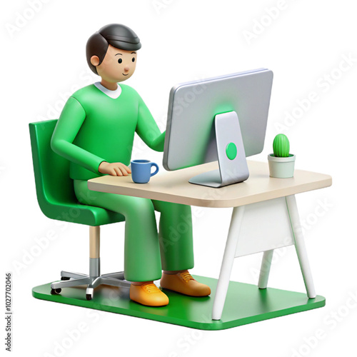 A 3D illustration of a man working on a computer at a desk.