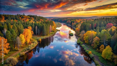 water, nature, autumn, reflection, trees, orange, landscape, twilight, high angle, forest, serene, river, tranquil, leaves, peaceful, Autumn Twilight Over Serene Forest River High Angle