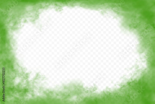 Green realistic clouds around the horizontal ractangular frame with empty oval space in the middle. Vector cloudiness isolated on transparent background.